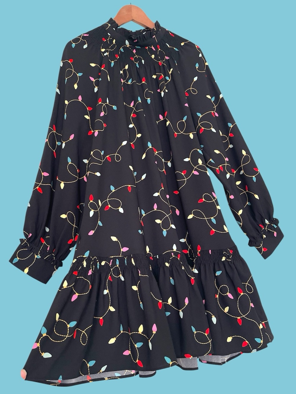 Kate Spade XL Christmas Lights Print Mini Long Sleeve Dress Black Holiday Pocket